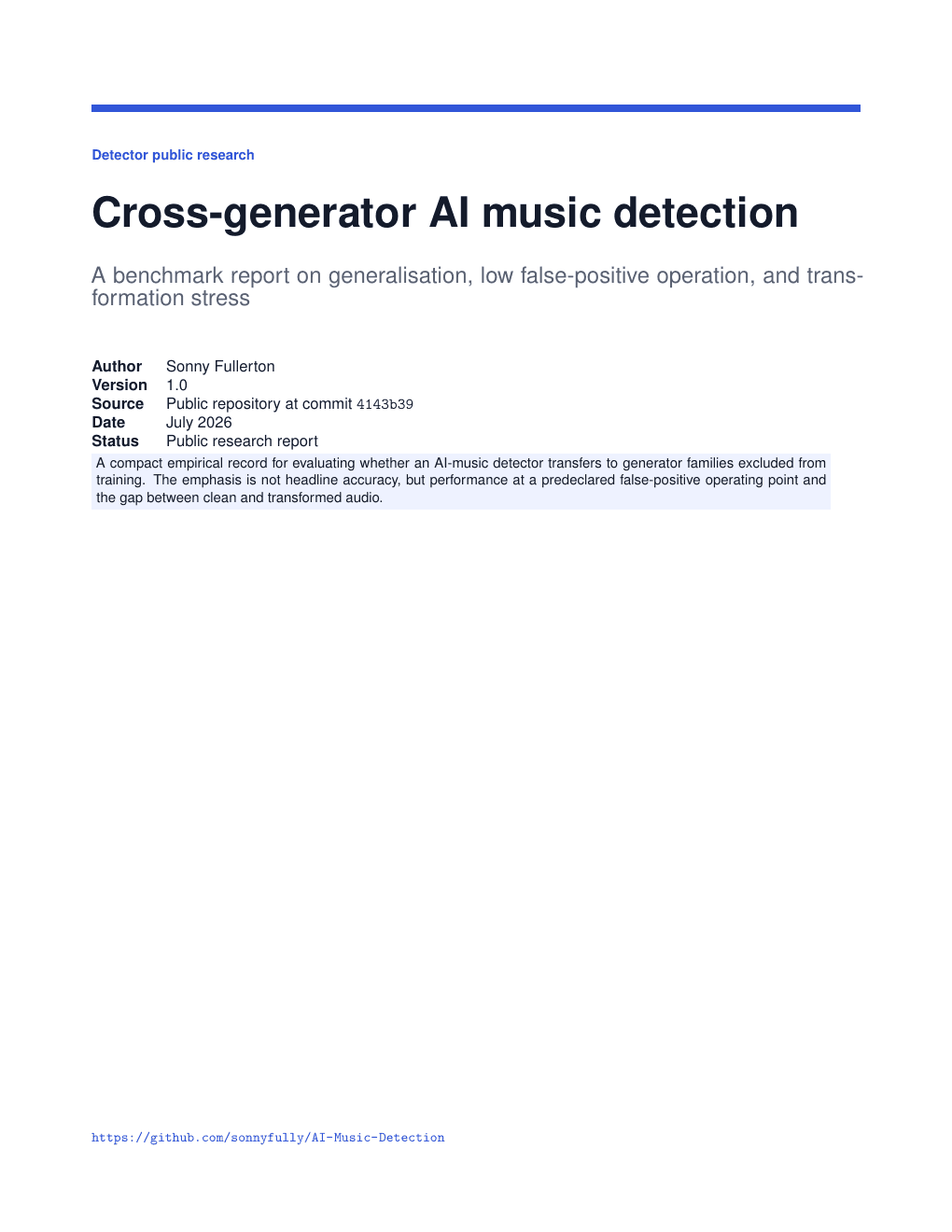 Cover of Cross-generator AI music detection