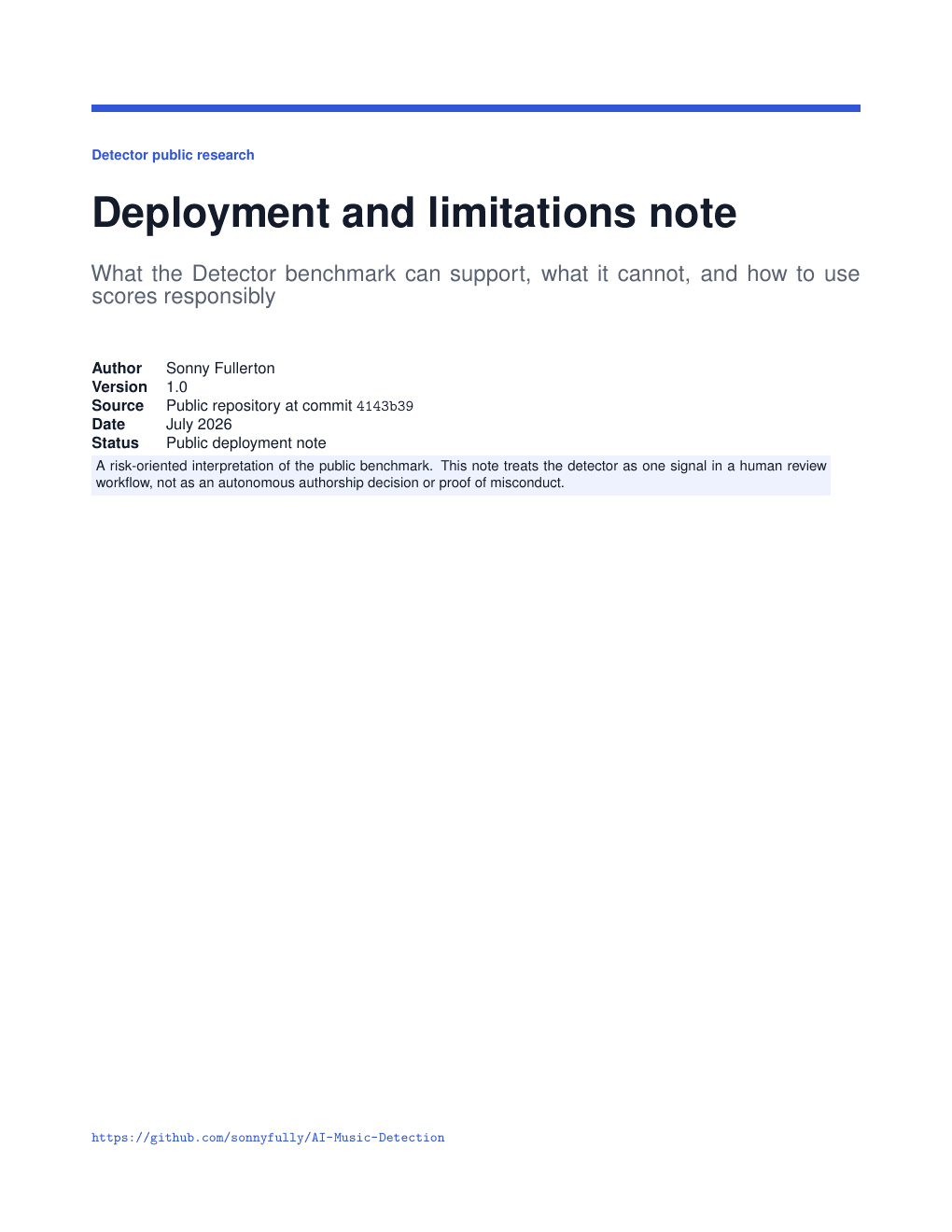 Cover of Deployment and limitations note